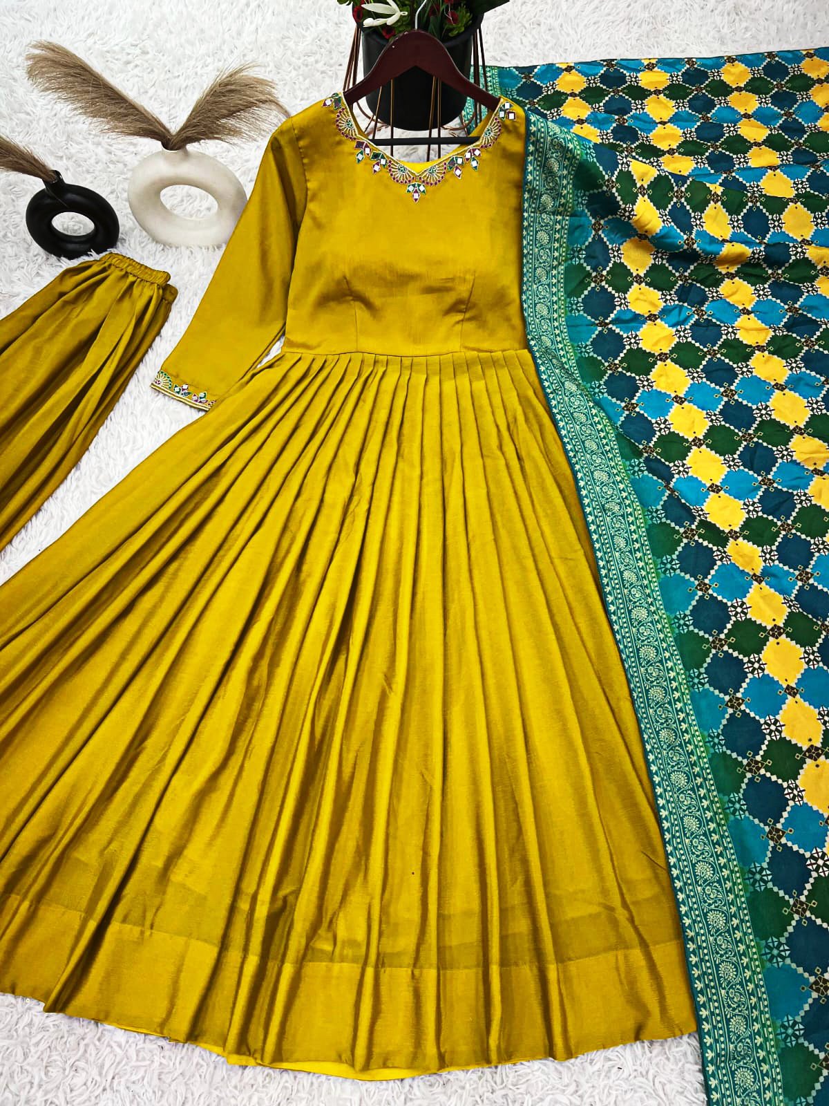 Pure Chinnon With Embroidery Sequence Work Gown And Dupatta Set Fully Stitched Ready To Wear - Image 3