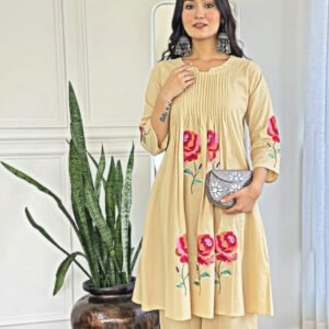 Kurta With Mirror Work And Beautiful Embroidery All Over,Paired Up With Cotton Plazzo Pants