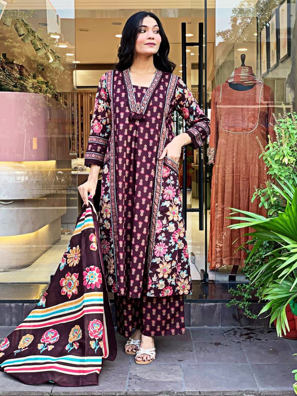 Premium Cotton Anarkali Angrakha Kurti Set with Malmal Dupatta - Image 2