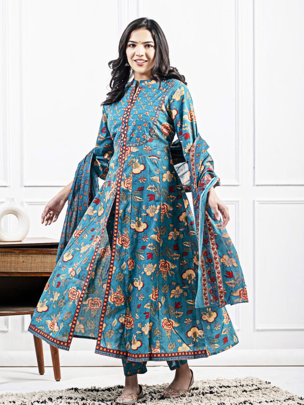 Pure Cotton Front Open Kurta Set for Women Pant & Dupatta - Image 2