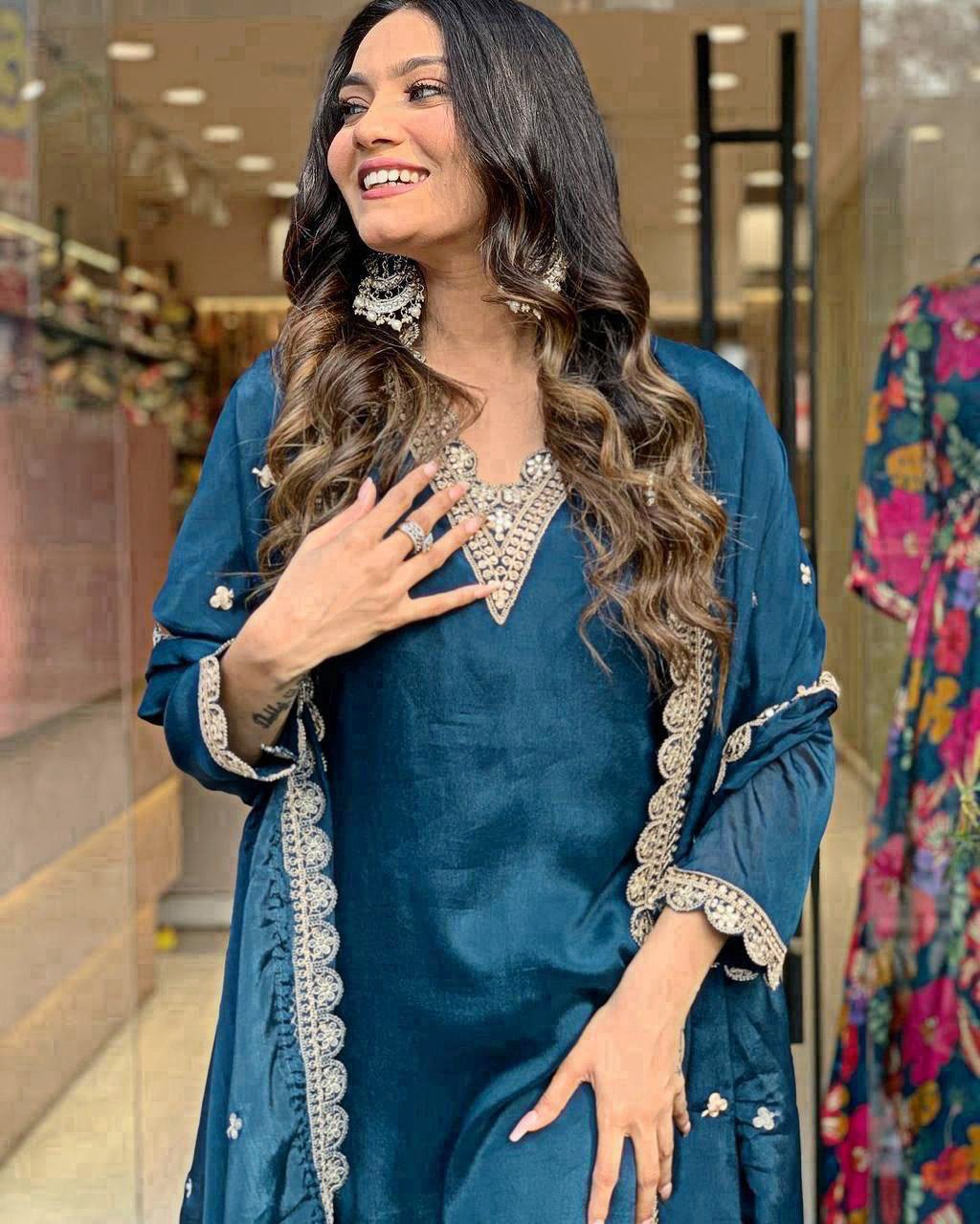 Pure Chinnon Silk Embroidered Gown With Dupatta & Plazzo Set - Image 7