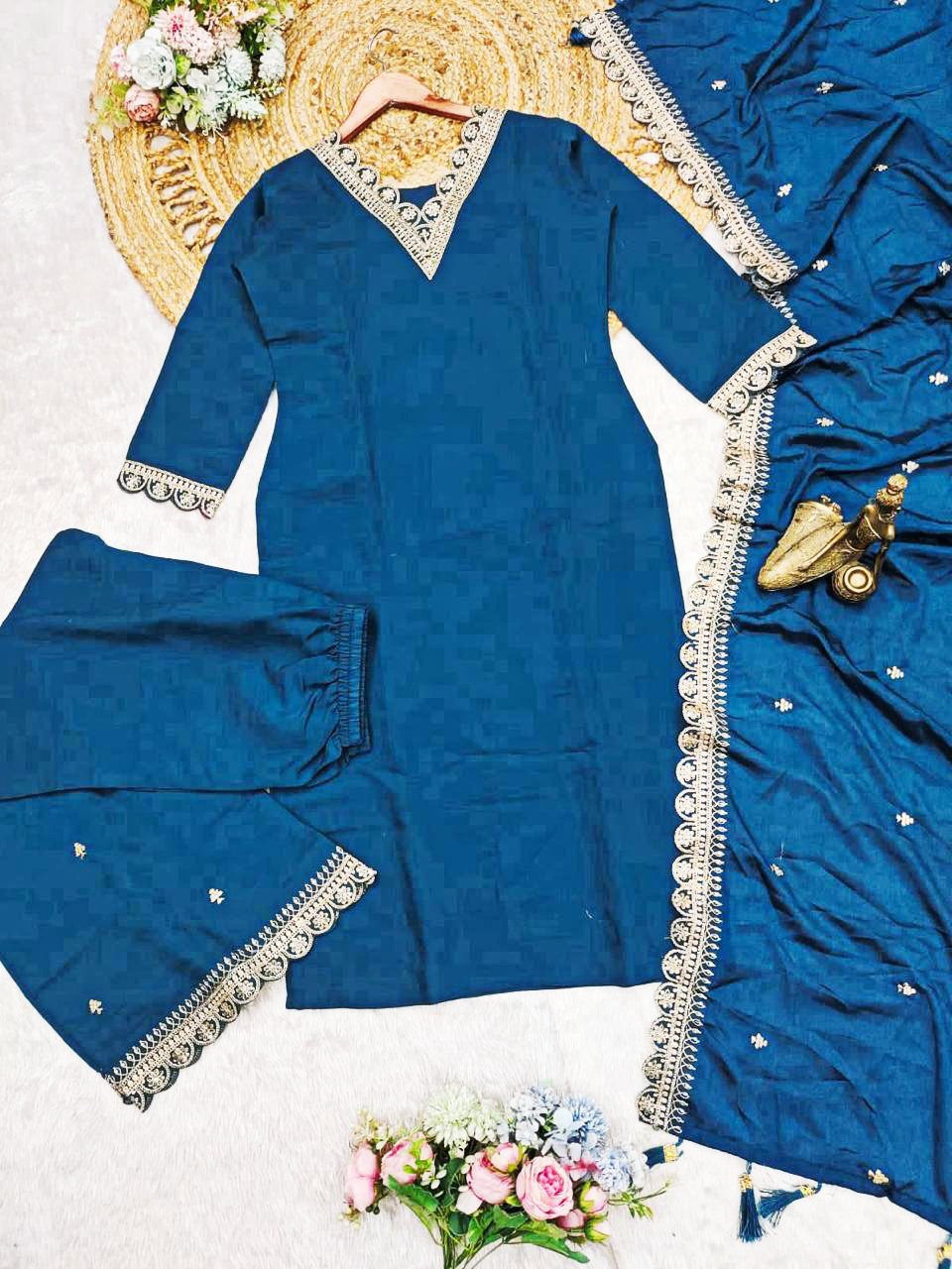 Pure Chinnon Silk Embroidered Gown With Dupatta & Plazzo Set - Image 8