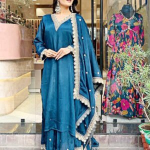 Pure Chinnon Silk Embroidered Gown With Dupatta & Plazzo Set