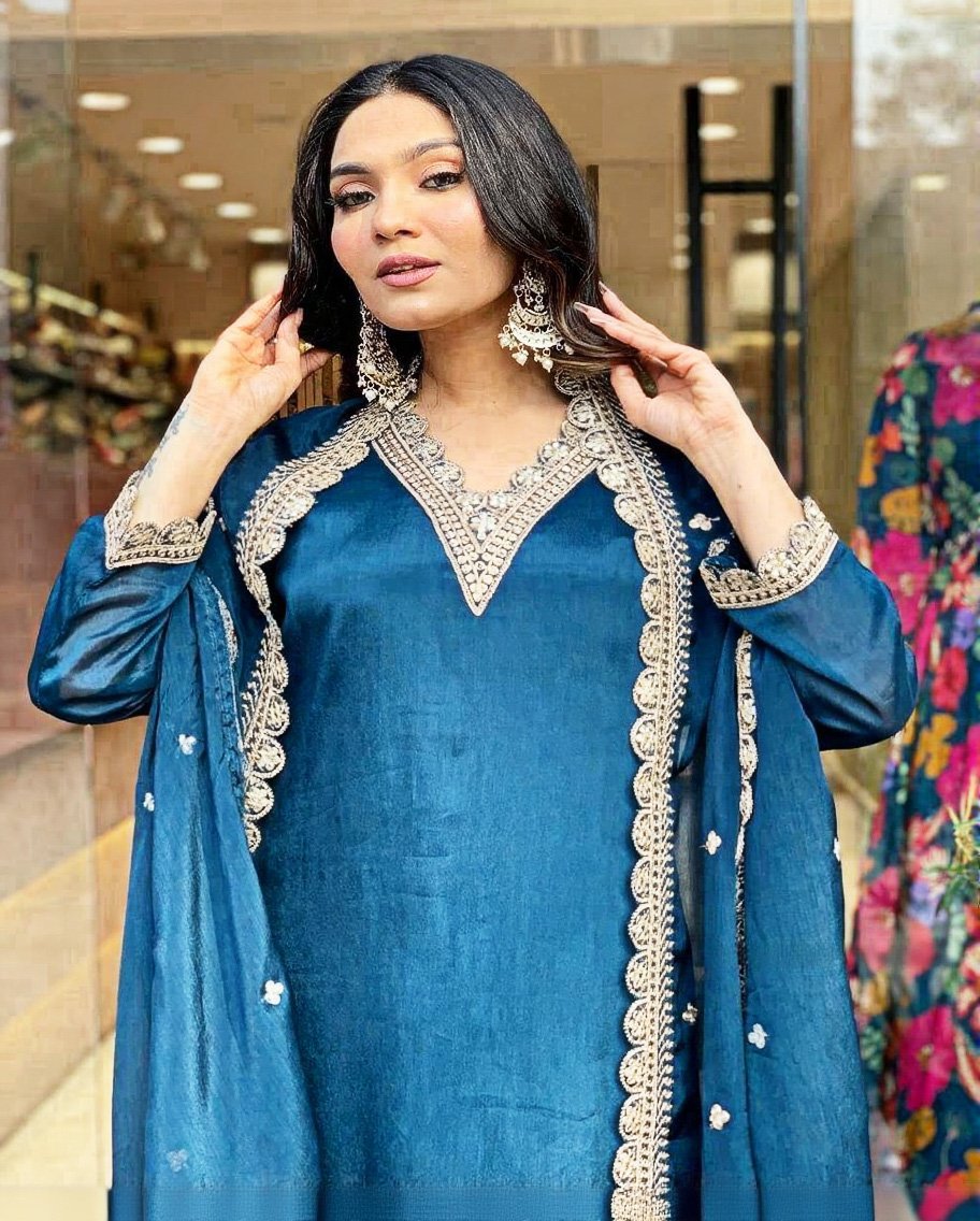 Pure Chinnon Silk Embroidered Gown With Dupatta & Plazzo Set - Image 2