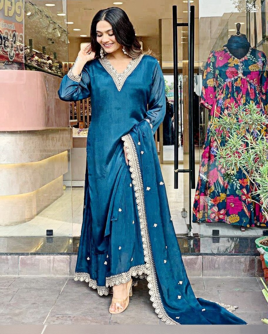 Pure Chinnon Silk Embroidered Gown With Dupatta & Plazzo Set - Image 3