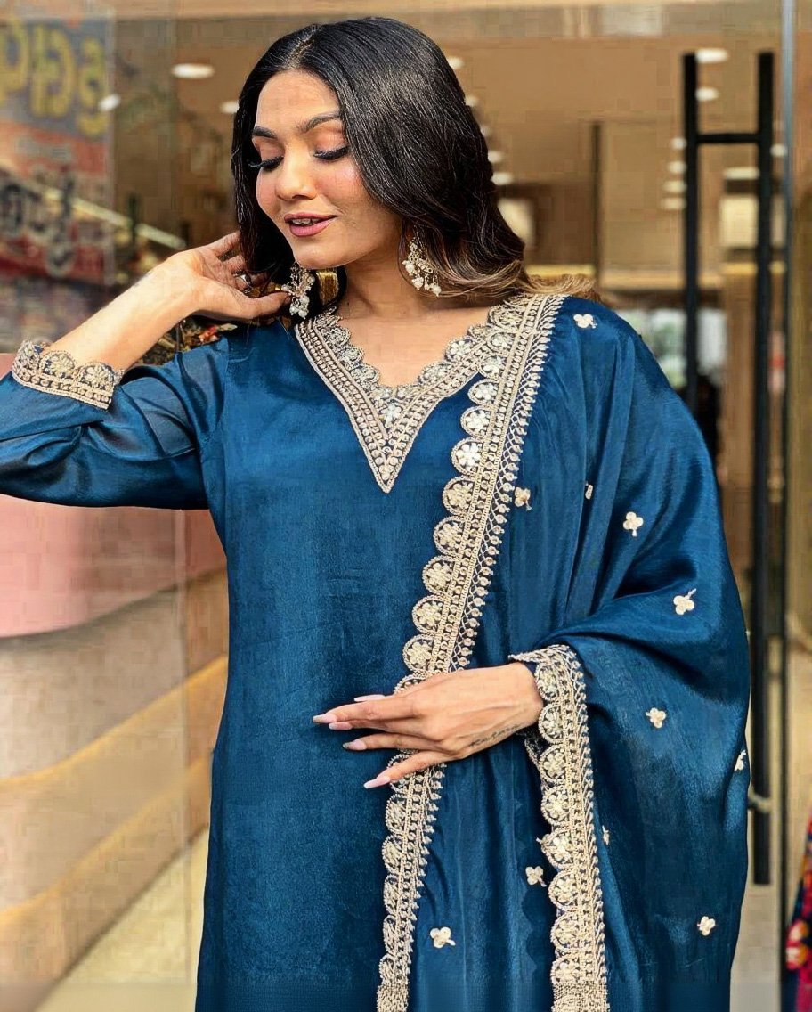 Pure Chinnon Silk Embroidered Gown With Dupatta & Plazzo Set - Image 4